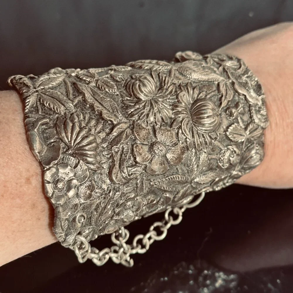 Floral Sterling Silver Cuff Bracelet Wide Art Nouveau 925 Kirk Stieff Repoussé